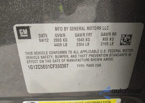 2012 Chevrolet Malibu 1Lt из США, поврежденный, VIN 1G1ZC5E01CF330387